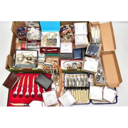 114 - A BOX OF ASSORTED COSTUME JEWELLERY AND ITEMS, to include imitation pearl necklaces, aurora borealis... 