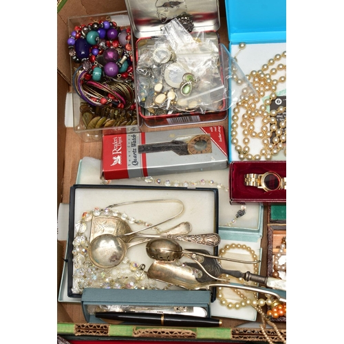114 - A BOX OF ASSORTED COSTUME JEWELLERY AND ITEMS, to include imitation pearl necklaces, aurora borealis... 