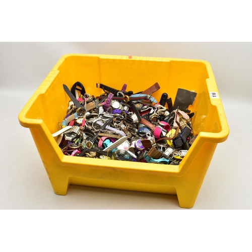 116 - A LARGE AND HEAVY YELLOW PLASTIC BOX OF ASSORTED FASHION WRISTWATCHES, to include various ladies and... 