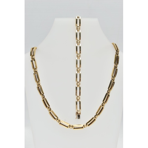 12 - A 9CT YELLOW GOLD NECKLACE AND BRACELET SET, each designed as a series of plain polished rectangular... 