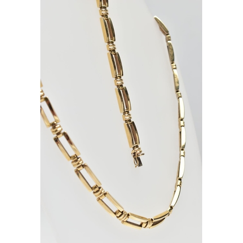 12 - A 9CT YELLOW GOLD NECKLACE AND BRACELET SET, each designed as a series of plain polished rectangular... 