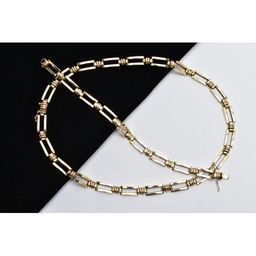 12 - A 9CT YELLOW GOLD NECKLACE AND BRACELET SET, each designed as a series of plain polished rectangular... 
