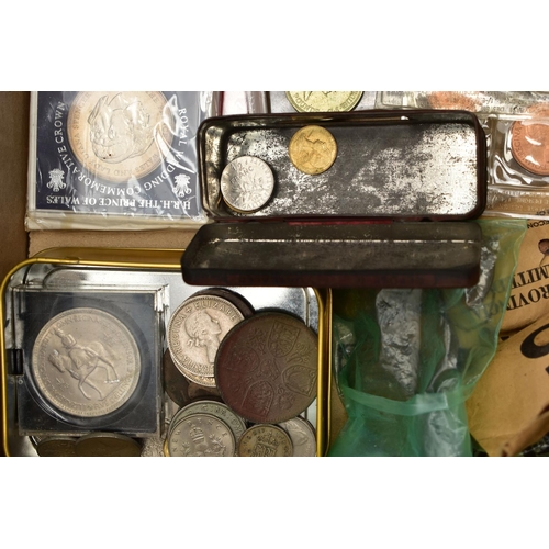 121 - A CARDBOARD BOX OF MAINLY UK COINAGE TO INCLUDE: a good grade South Africa halfcrown 2 1/2 shilling ... 