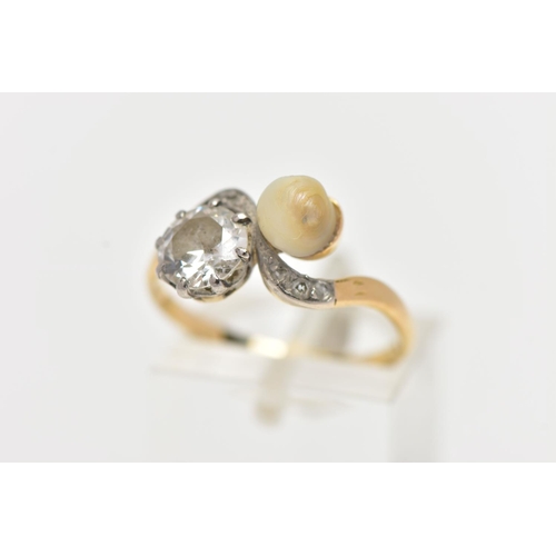124 - AN EARLY 20TH CENTURY 18CT GOLD DIAMOND AND PEARL DRESS RING, of crossover design, set with an early... 