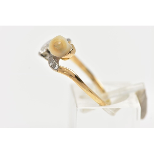 124 - AN EARLY 20TH CENTURY 18CT GOLD DIAMOND AND PEARL DRESS RING, of crossover design, set with an early... 