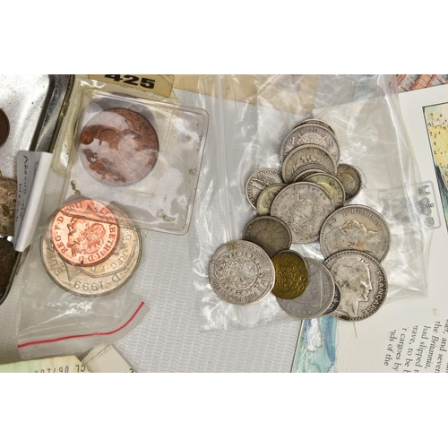 126 - A BOX OF MIXED COINAGE, to include Japan banknotes and distressed others, a tower Mint Royal Naval A... 
