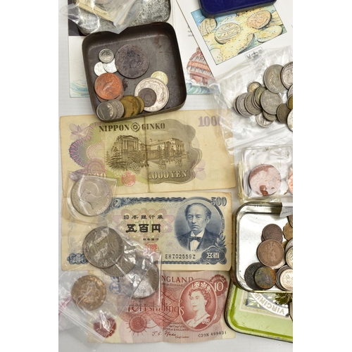 126 - A BOX OF MIXED COINAGE, to include Japan banknotes and distressed others, a tower Mint Royal Naval A... 