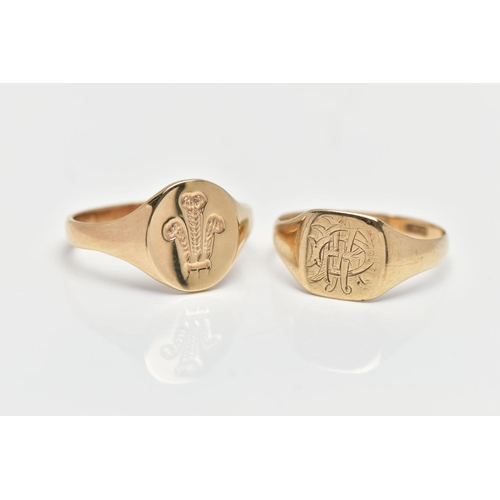 14 - TWO 9CT YELLOW GOLD SIGNET RINGS, to include a 1930s signet ring with engraved initial monogram, tog... 