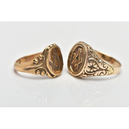 15 - TWO MASONIC SIGNET RINGS, to include a 9ct yellow gold Masonic signet ring with scroll embossed side... 
