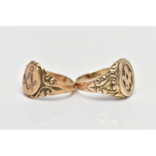 15 - TWO MASONIC SIGNET RINGS, to include a 9ct yellow gold Masonic signet ring with scroll embossed side... 