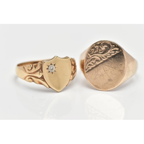 17 - TWO 9CT GOLD SIGNET RINGS, to include a shield shape ring set with a single cut diamond, hallmarked ... 