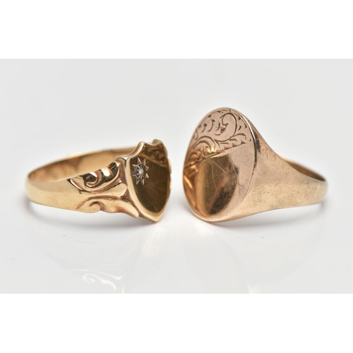 17 - TWO 9CT GOLD SIGNET RINGS, to include a shield shape ring set with a single cut diamond, hallmarked ... 