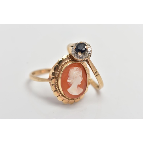 21 - TWO 9CT GOLD RINGS, the first set with an oval carved shell cameo, depicting a lady in profile, coll... 