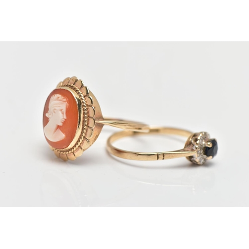 21 - TWO 9CT GOLD RINGS, the first set with an oval carved shell cameo, depicting a lady in profile, coll... 