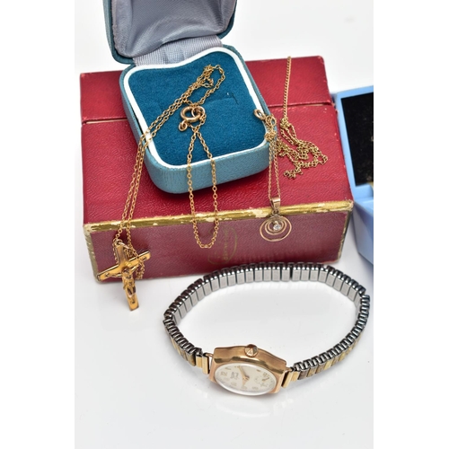 23 - TWO 9CT GOLD PENDANT NECKLACES AND A 9CT GOLD 'ROTARY' WRISTWATCH, to include a crucifix pendant hal... 