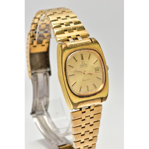31 - A GENTS 'OMEGA AUTOMATIC GENEVE' WRISTWATCH, rounded square gold dial signed 'Omega, Automatic, Gene... 