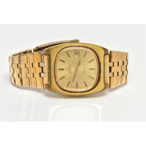 31 - A GENTS 'OMEGA AUTOMATIC GENEVE' WRISTWATCH, rounded square gold dial signed 'Omega, Automatic, Gene... 