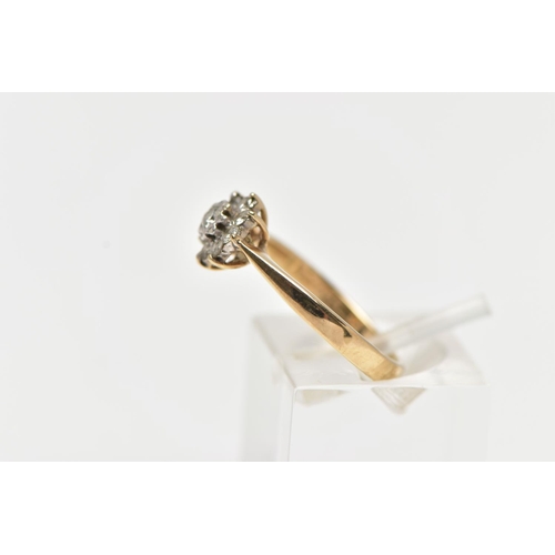 33 - A 9CT YELLOW GOLD DIAMOND CLUSTER RING, of a flower shape, set with nine round brilliant cut diamond... 