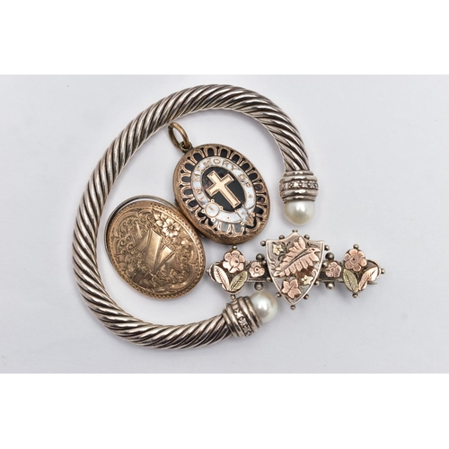 36 - A TORQUE BANGLE, LOCKET AND A SWEETHEART BROOCH, the torque bangle of a twisted rope design, each te... 