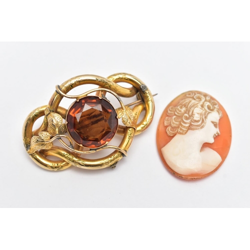 37 - A VICTORIAN YELLOW METAL BROOCH AND A CAMEO, the brooch of an openwork interlocking design, decorate... 