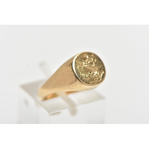 46 - A 9CT YELLOW GOLD INTAGLIO SIGNET RING, of an oval form, engraved intaglio to the centre, to a polis... 