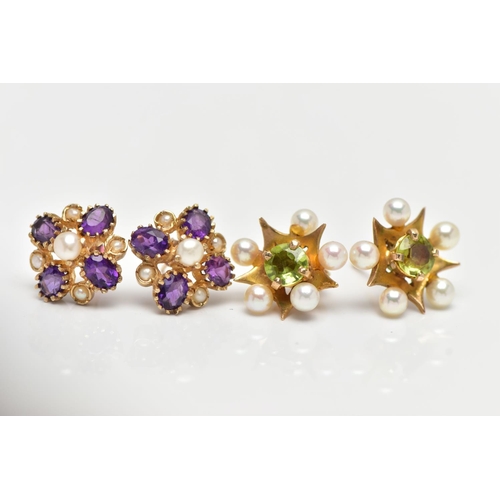 48 - TWO PAIRS OF 9CT GOLD GEM SET EARRINGS, the first of a flower shape, set with circular cut peridot, ... 
