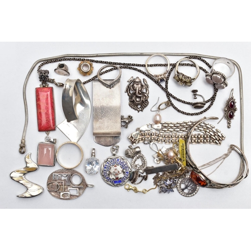 52 - A BAG OF ASSORTED SILVER AND WHITE METAL JEWELLERY, to include an amber set cuff bangle stamped 925,... 