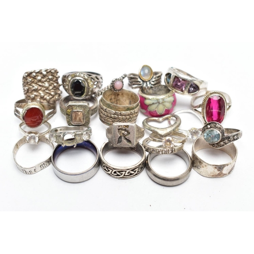 53 - A BAG OF ASSORTED RINGS, twenty two rings in total, some set with semi-precious gemstones, some with... 
