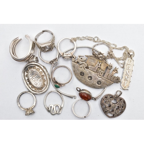 55 - A BAG OF ASSORTED SILVER AND WHITE METAL JEWELLERY, to include a silver bangle with an amber cabocho... 