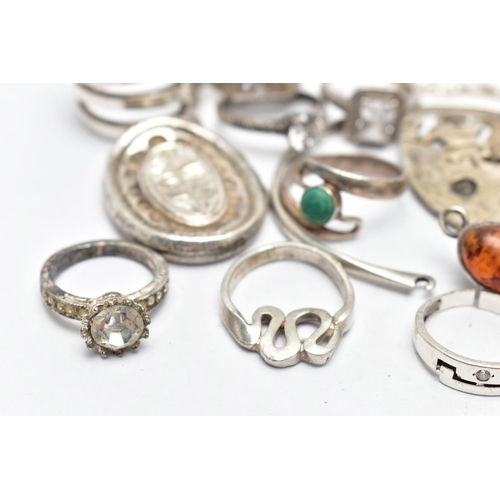 55 - A BAG OF ASSORTED SILVER AND WHITE METAL JEWELLERY, to include a silver bangle with an amber cabocho... 