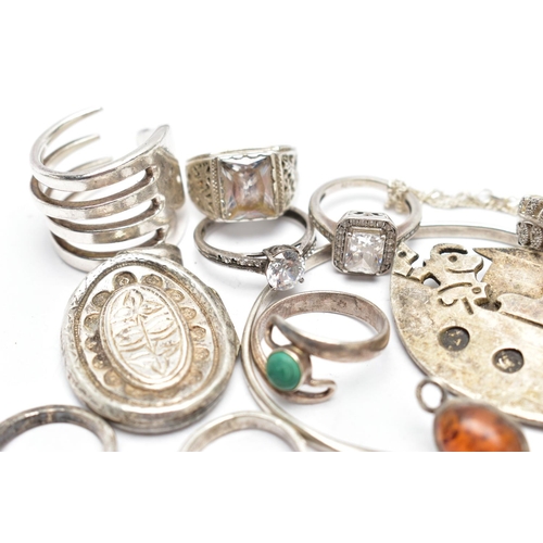 55 - A BAG OF ASSORTED SILVER AND WHITE METAL JEWELLERY, to include a silver bangle with an amber cabocho... 