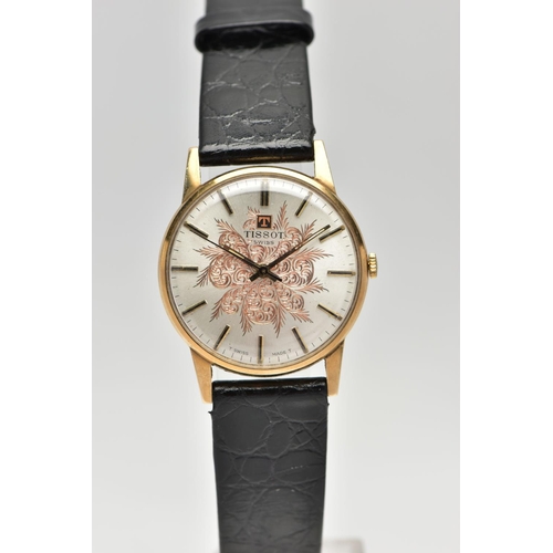6 - A 9CT YELLOW GOLD TISSOT WRISTWATCH, the silver coloured dial, with black enamel and gilt hourly app... 