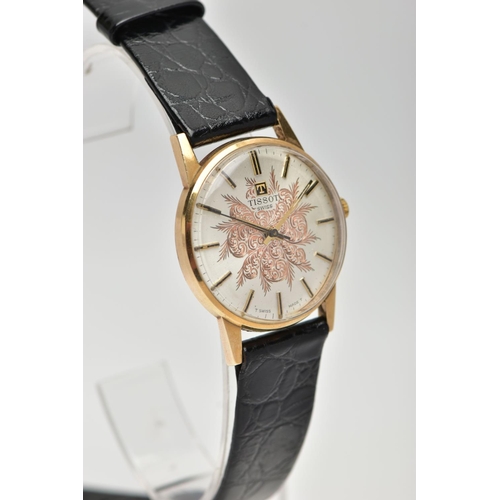 6 - A 9CT YELLOW GOLD TISSOT WRISTWATCH, the silver coloured dial, with black enamel and gilt hourly app... 
