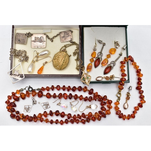 63 - A SELECTION OF JEWELLERY, to include an amber bead bracelet, and necklace, a boxed pair of amber bea... 