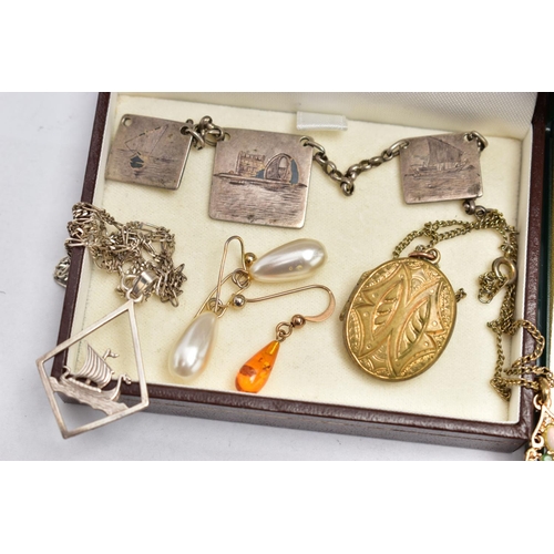 63 - A SELECTION OF JEWELLERY, to include an amber bead bracelet, and necklace, a boxed pair of amber bea... 