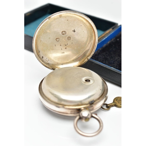 64 - A CASED SILVER OPEN FACE POCKET WATCH, key wound, round cream dial signed 'Improved Patent', large b... 