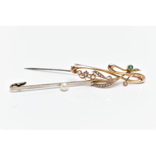68 - TWO BROOCHES, the first a white metal bar brooch set with a single white cultured pearl with a pink ... 
