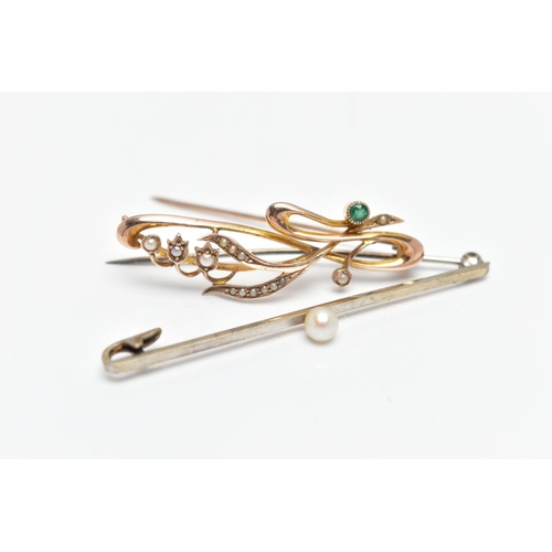 68 - TWO BROOCHES, the first a white metal bar brooch set with a single white cultured pearl with a pink ... 