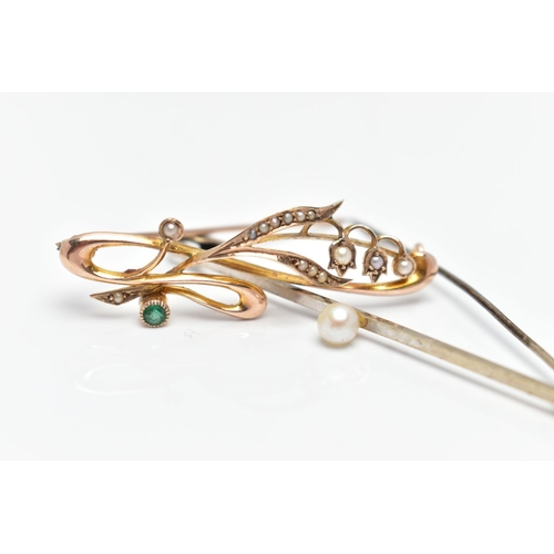 68 - TWO BROOCHES, the first a white metal bar brooch set with a single white cultured pearl with a pink ... 