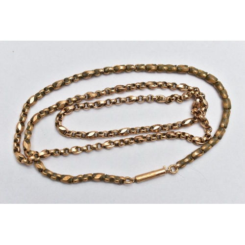 69 - A YELLOW METAL BELCHER CHAIN, alternating faceted circular links and interlocking oval links, fitted... 