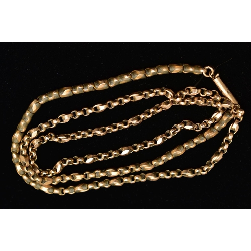 69 - A YELLOW METAL BELCHER CHAIN, alternating faceted circular links and interlocking oval links, fitted... 