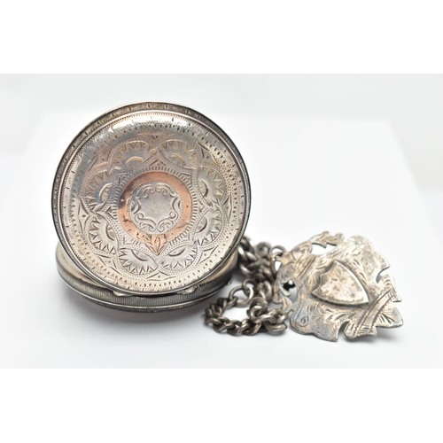 76 - AN EARLY 20TH CENTURY OPEN FACE POCKET WATCH AND ALBERT CHAIN, the key wound pocket watch with a flo... 