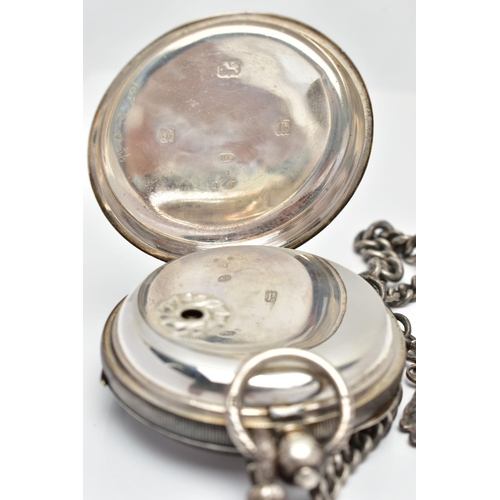 76 - AN EARLY 20TH CENTURY OPEN FACE POCKET WATCH AND ALBERT CHAIN, the key wound pocket watch with a flo... 