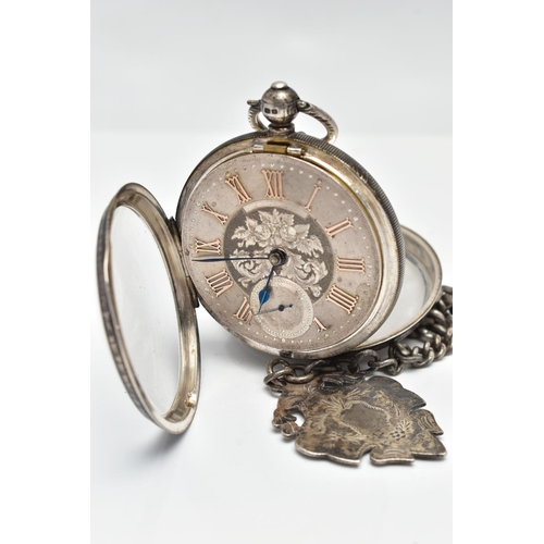 76 - AN EARLY 20TH CENTURY OPEN FACE POCKET WATCH AND ALBERT CHAIN, the key wound pocket watch with a flo... 