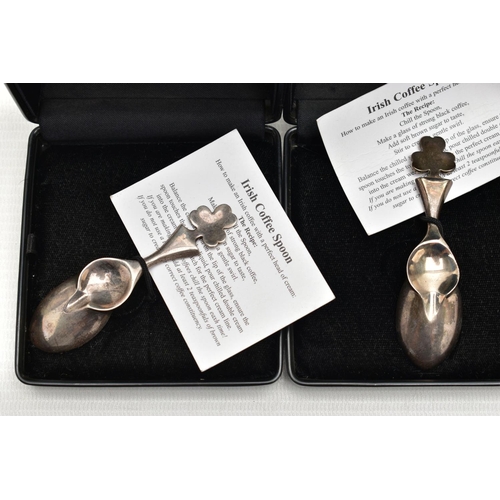 88 - TWO BOXED IRISH SILVER COFFEE SPOONS, two small spoons featuring a shamrock to the terminals, hallma... 