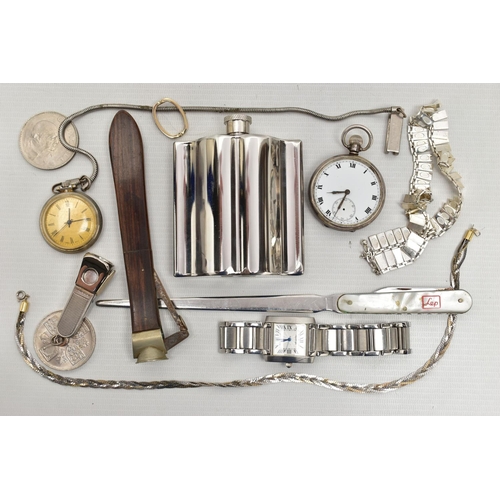 89 - A BAG OF ASSORTED ITEMS, to include a hip flask, a wooden handled cigar cutter, a silver cigar cutte... 