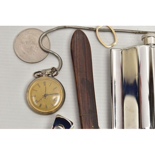 89 - A BAG OF ASSORTED ITEMS, to include a hip flask, a wooden handled cigar cutter, a silver cigar cutte... 
