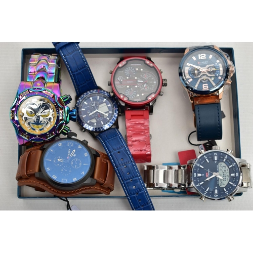 94 - GENTS WRISTWATCHES, to include six gents large faced wristwatches, three fitted with bracelets and t... 
