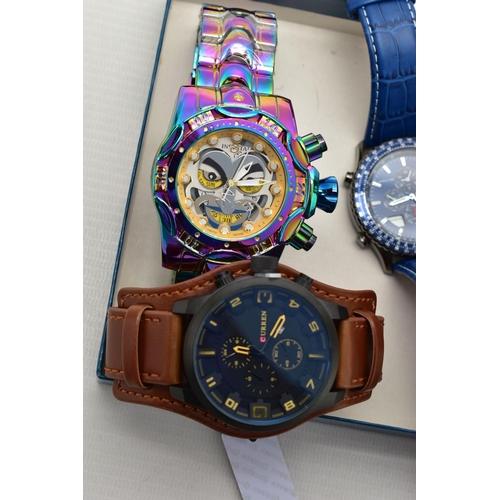 94 - GENTS WRISTWATCHES, to include six gents large faced wristwatches, three fitted with bracelets and t... 