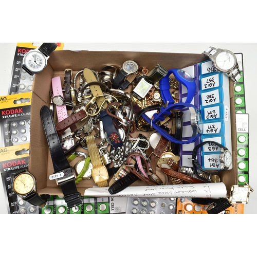 97 - A BOX OF ASSORTED WRISTWATCHES, WATCH BATTERIES ETC, various ladies and gents wristwatches, some fit... 